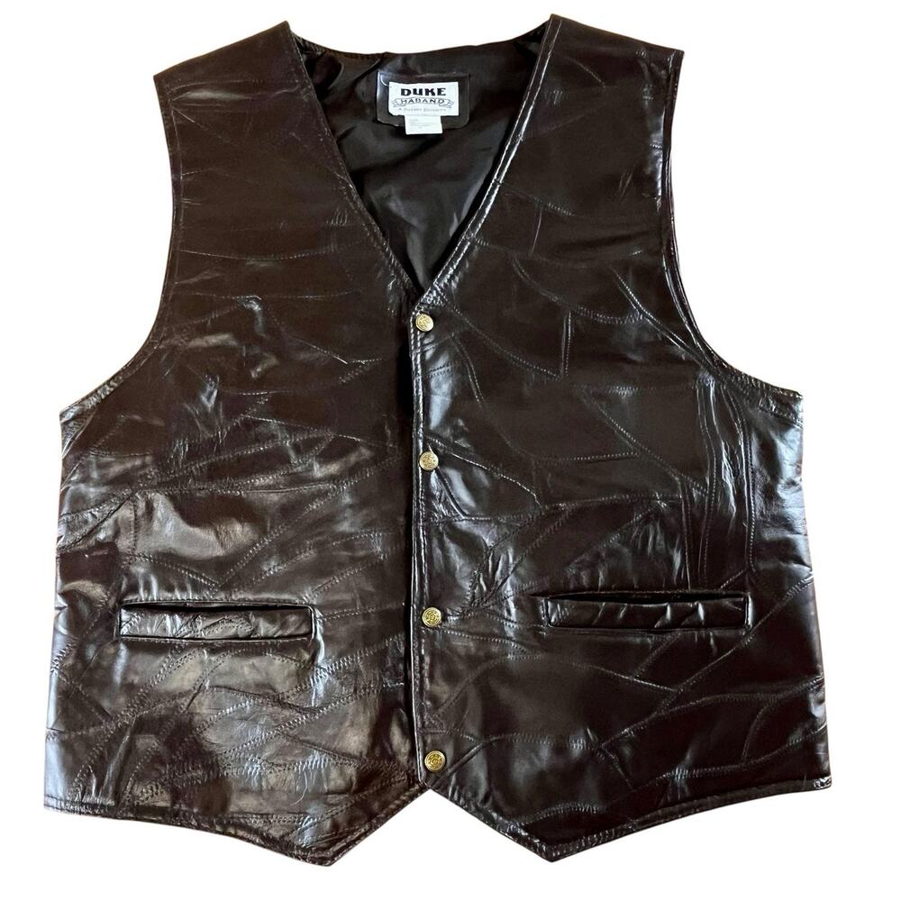 Vintage Leather Patchwork Vest Brown Western Ranchwear Biker Snap Front Size L